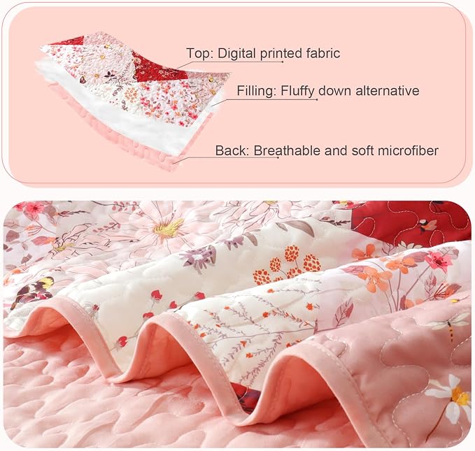 Whale Flotilla California King Size Quilt Set, Extra Soft Floral Bedspreads | Red Reversible Lightweight Oversized King Quilt Bedding Set for Bed, Printed Coverlets with 2 Pillow Shams for All Seasons