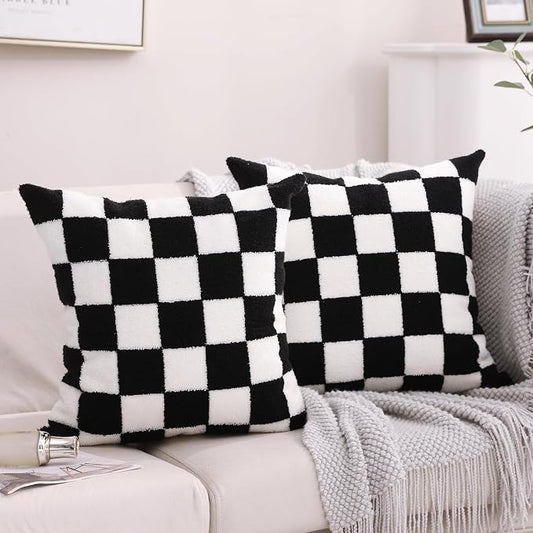 Alysheer Checkered Embroidered Throw Pillow Covers 18"x 18" 2pc Black White