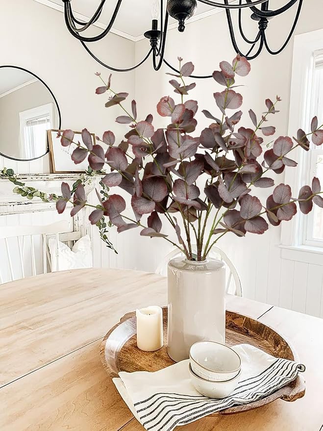 GnFlus 5 pcs 30" Artificial Eucalyptus Fall Stems Fake Silk Plants for Fall Floral Arrangements, Fake Plant Farmhouse Decor, Home Wedding Decorations (Fall Brown)