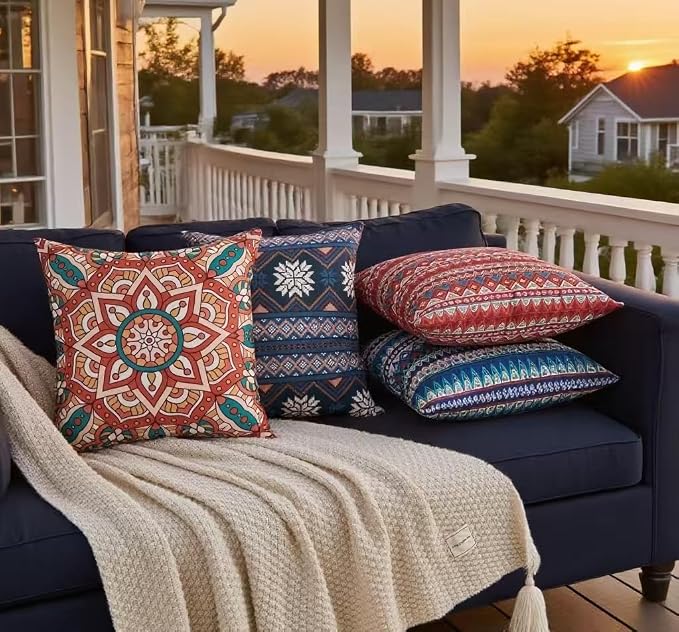 Couch Bohemian Double-Sided Patterned Throw Pillow Covers 18X18 Inch Set of 4 Square Farmhouse Decorative Cushion Covers BOHO Vintage Pillow Cases For Sofa Living Room Bedroom Outdoor Patio Porch