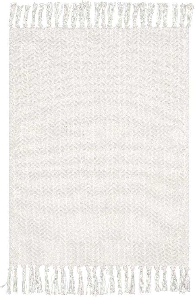 Lahome Boho Bathroom Rugs, 3x5 Washable Area Rug for Kitchen Bedroom Entry | Bath Door Mat with Tassels Woven Cotton, Farmhouse White Beige Low Pile Throw Carpet for Entryway Living Room Laundry Decor