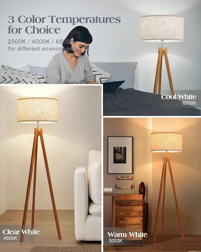 ELYONA Nordic Wood Tripod Floor Lamp, Modern Reading Standing Lamp for Living Room 3 Color Temperatures LED Bulb Included Flaxen Lamp Shade, Boho Natural Wooden floor lamp for Bedroom Office Kids Room