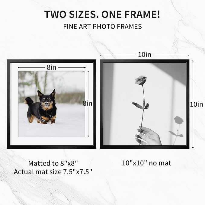 Fun Memories 10x10 Aluminum Picture Frame, Premium Square Photo Frames with Mat for 8x8 or Without Mat for 10x10, Simple and Elegant Decor for Wall Mounting, Black, 1 Pack
