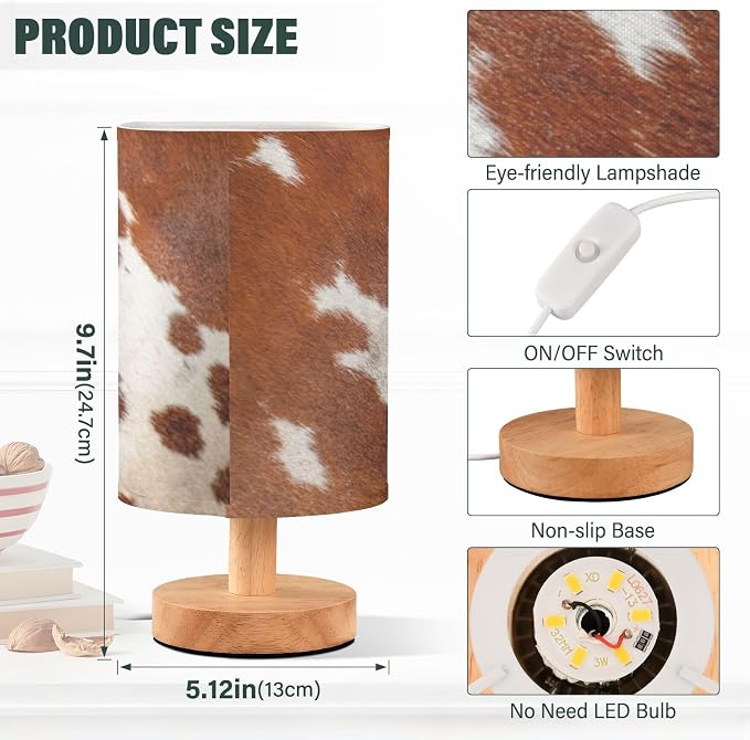 Bedside Table Lamp White Brown Cow Print Nightstand Lamp with Wood Animal Skin Desk Lamps for Bedroom Living Room Nursery Office Home Decor