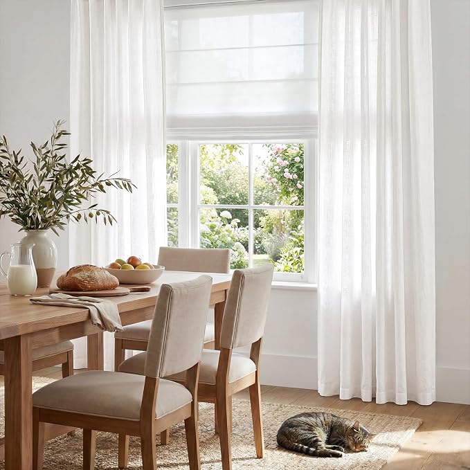 jinchan Linen Curtains Light Filtering Back Tab 50x84 Inch 2 Panels White | Semi Sheer Curtains 84 inch length for Bedroom Living Room, Modern Farmhouse Drapes with Rod Pocket, Natural Boho Curtains