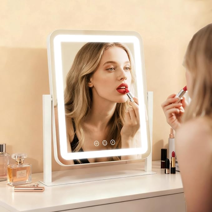 ROLOVE Vanity Mirror with Lights 14.6x13 Inch, Smart Touch Control, 3 Color Lighting Modes, Table Top Mirror with Stand for Bedroom