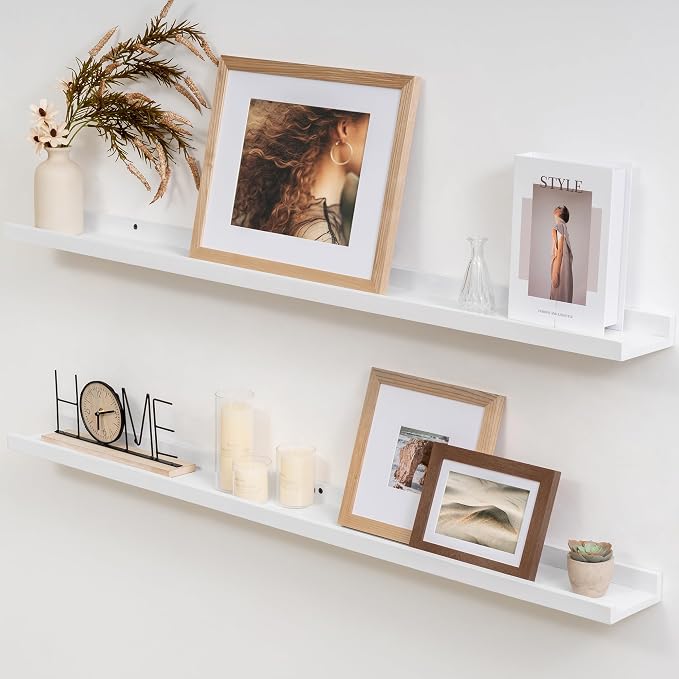 Acovy Solid Ash Wood Picture Ledge Shelf, 36 Inch, White, Set of 2