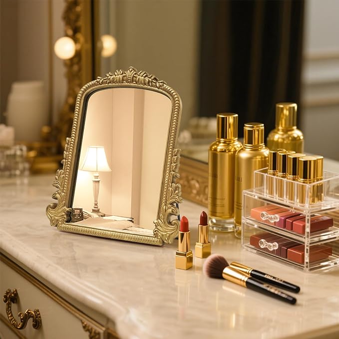 Vintage Vanity Mirror with Stand – 11.8"x9.6" Gold Tabletop Makeup Mirror, Arched Decorative Mirror with Carved Engineered Wood Frame for Bedroom, Dresser, Bathroom or Desk
