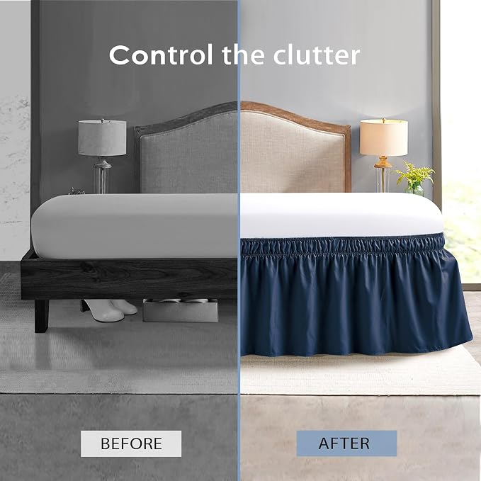 FreshCulture Twin Bed Skirt, Elastic Wrap Around Bed Skirt Twin Bed, Easy Fit with 15-Inch Tailored Drop, Hotel Quality Bed Skirts for Adjustable Bed (Navy Blue)