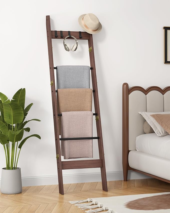Hzuaneri Blanket Ladder Decorative Quilt Rack with 4 Removable Hooks | 6-Tier Farmhouse Ladder Holder Shelf Organizer for Living Room Bedroom, Black Tea Brown and Black BR31520B