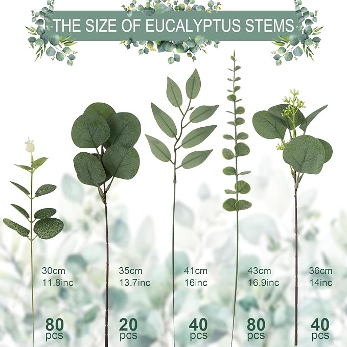 lovemoon 260 Pcs Artificial Mixed Eucalyptus Stems Bulk, 5 Kinds of Faux Greenery Eucalyptus Leaves Bulk for Vase Wedding DIY Bouquets Floral Arrangement Home Decor (260, Green)