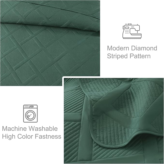 Exclusivo Mezcla Quilts Queen Size, Green | Soft Bedspreads with 2 Pillow Shams, Modern Striped Pattern, Lightweight Bedding Set Coverlets for All Seasons, 90x96 Inch