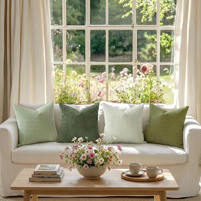 LANANAS Decorative Corduroy Throw Pillow Covers 18x18 Inch Green Bloom | Set of 4 Neutral Couch Farmhouse Boho Throw Pillows for Living Room, Couch, Bed, Sofa Soft Accent Home Decor