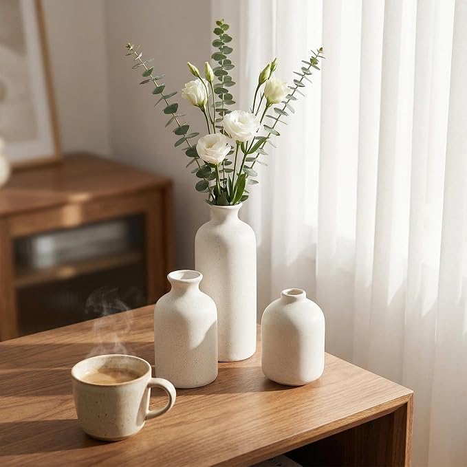 Small White Ceramic Vase Set of 3,Modern Boho Farmhouse Flowers Vases | Decorative Vase for Dried Flowers,Pampas Grass,Home Decor,Shelf,Bathroom,Centerpiece for Entryway Table Distressed