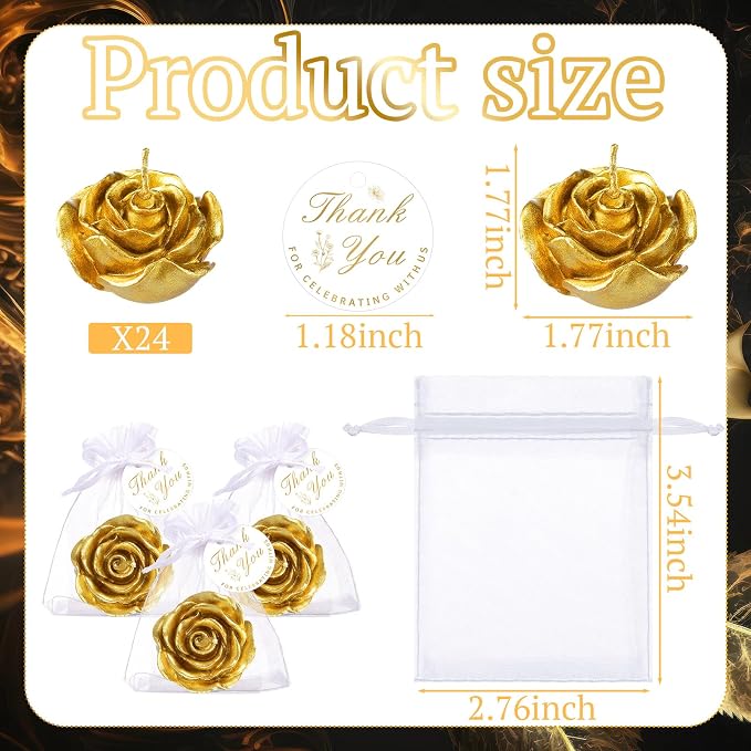 Treela 24 Set Rose Flower Candles, Gold Wedding Favors for Guests