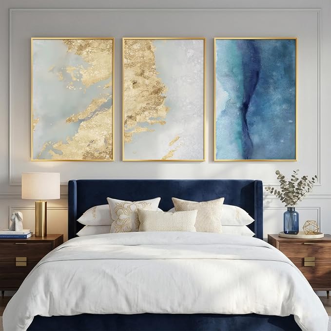 Large Framed Blue Gold Abstract Wall Art for Living Room, 3 Piece 24x36 In | Luxury modern pictures, Canvas prints, Contemporary painting, Elegant artwork for walls, Wall decor for dining bedroom office