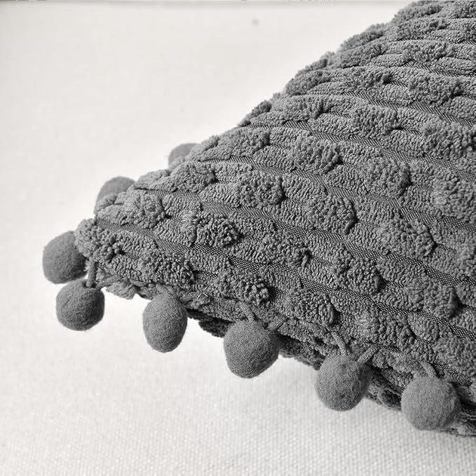 Fancy Homi Set of 2 Dark Gray Lumbar Decorative Throw Pillow Covers 12x20 Inch with Pom-poms for Couch Bed Sofa, Modern Farmhouse Boho Home Decor, Soft Plush Grey Corduroy Rectangle Cushion Case