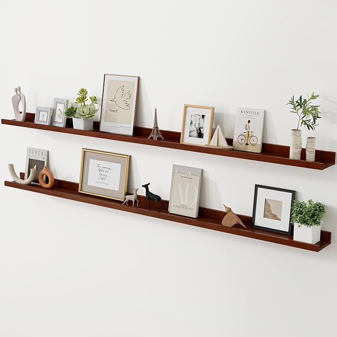 Acovy Long Floating Shelves for Wall, 72 inch Solid Wood Picture Ledge Shelf, Picture Shelf for Wall with Ledge, Floating Book Shelves for Living Room Bedroom Kitchen Nursery Decor, Walnut, Set of 2