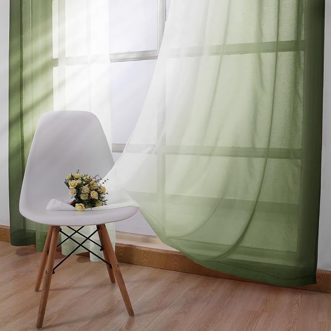 DWCN Ombre Sheer Curtains - 84 Inch Long Faux Linen Semi Voile Grommet Top Gradient Curtains for Bedroom and Living Room, Set of 2 Window Curtain Panels, 52 x 84 Inch Length, Light Olive Green