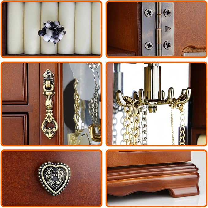 RR ROUND RICH DESIGN Solid Wood Jewelry Box for Women Brown | Vintage Butterfly Glass Door Jewelry Armoire with Mirror, 4 Drawers & Rotating Necklace Carousel