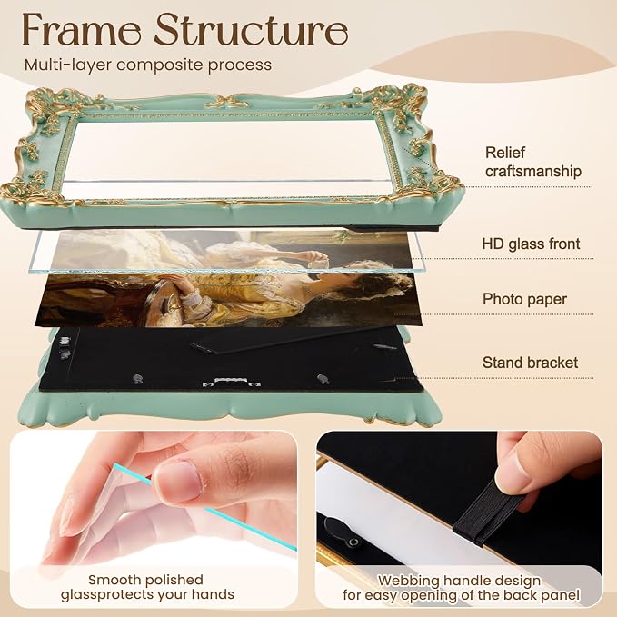 Lineshading 8 Pcs Picture Vintage Gallery Wall Frame Set | Antique Resin Picture Frame Collage Including Baroque Victorian for Wall Tabletop Display for Bedroom, Vintage Gold Green