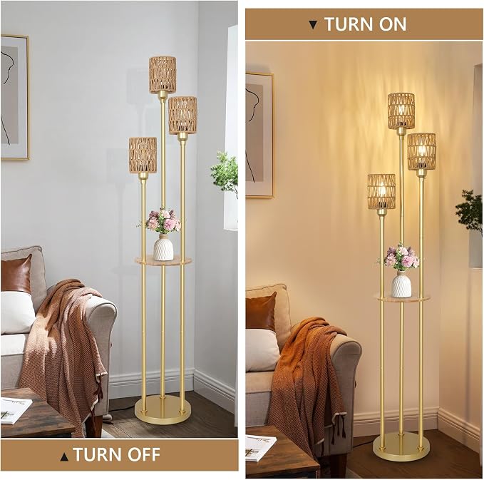 Boho Floor Lamp with Shelves, 3-Lights Farmhouse Tall Floor Lamp with ON/Off Foot Switch, Gold Modern Floor Lamps with Rattan Shades, Rustic Standing Lamp for Living Room, Bedroom, Office