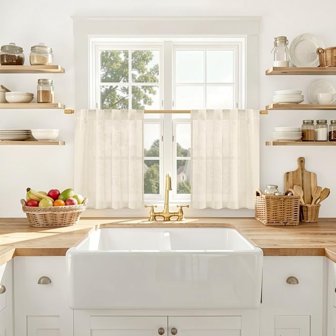 24 Inch Length Short Linen Cafe Curtains 2 Panels Set, Linen | Semi Sheer, Light Filtering Panels, Neutral, Curtains for Small Windows, RV, Camper, Back Tab Rod Pocket, 25 x 24 Inch