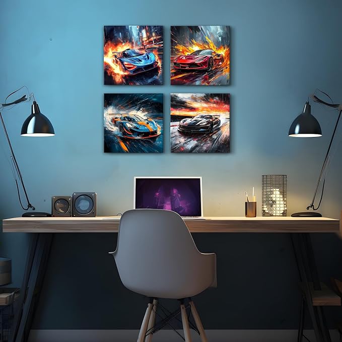 Colorful Lamborghini Wall Art Abstract Car Posters for Boys Bedroom Cyberpunk Decor Cool Racing Car Pictures Teens Men Room Graffiti Sport Themed Cars Painting Artwork Office Home Decoration 12x12" 4P