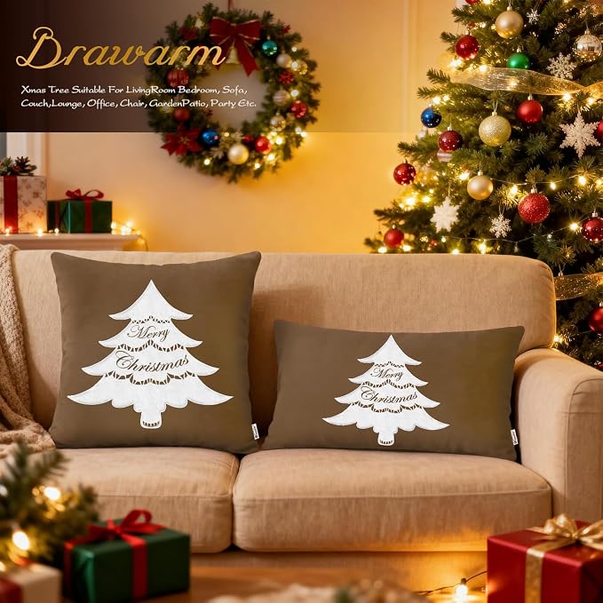 BRAWARM Christmas Pillow Cover 12 X 20 Inches, Brown Christmas Tree Embroidered Lumbar Pillow Cover, Soft Velvet Decorative Throw Pillow for Couch Bed Sofa Living Room Home