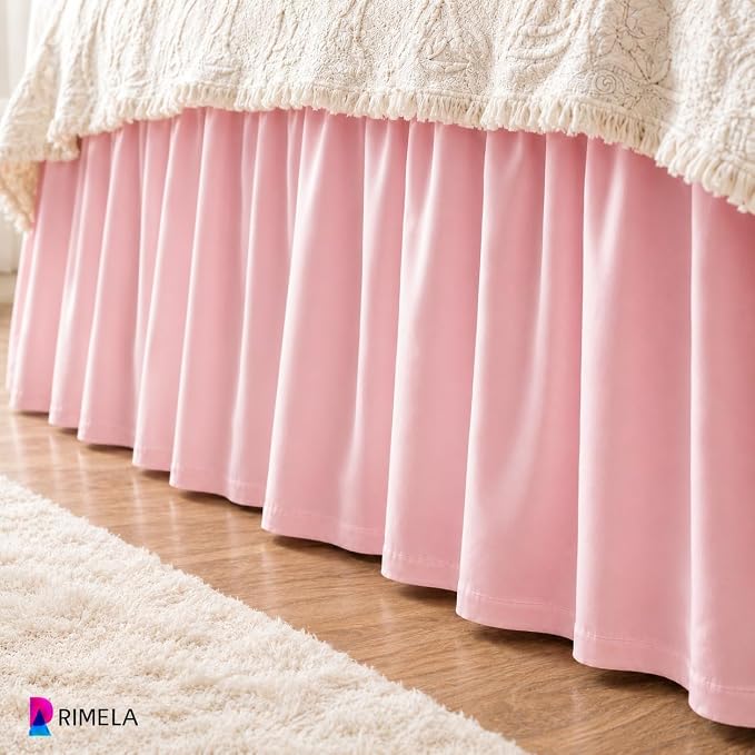 Pink Bed Skirt Queen Size 15 Inch Drop, Elastic Wrap Around Bedskirt | Solid Ruffled, Easy to Use, No Mattress Lifting, Wrinkle & Fade Resistant, with Adhesive Strips, Machine Wash/Dry/Iron