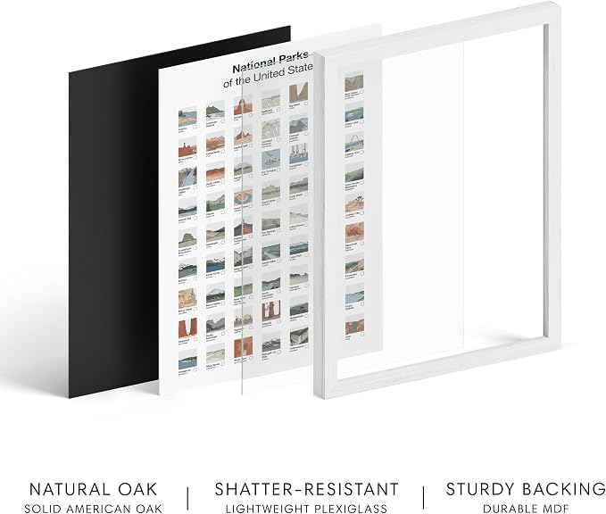 HAUS AND HUES National Parks Checklist Poster - 63 Illustrated Park Thumbnails Art Print - Vintage Style Print for Travelers, Nature Lovers, and Adventure Enthusiasts (White Frame, 24x36)