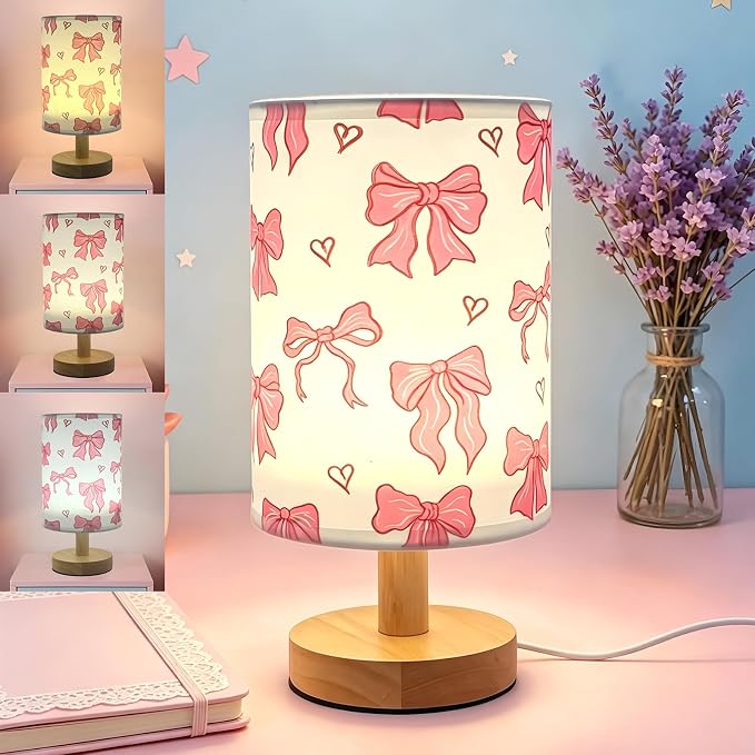 Pink Bow kids Table Lamp Dimmable Small Bedsdie Lamps for Bedroom Decor
