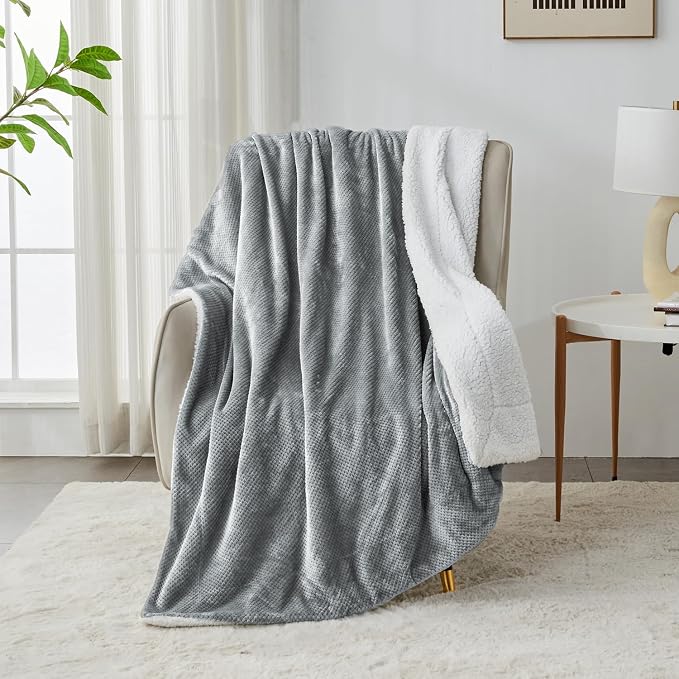 SOCHOW Waffle Sherpa Fleece Throw Blanket, Super Soft Fuzzy Warm, Lightweight Fluffy Reversible Plush Blanket for Bed Sofa Couch, 60 x 80 Inches Grey