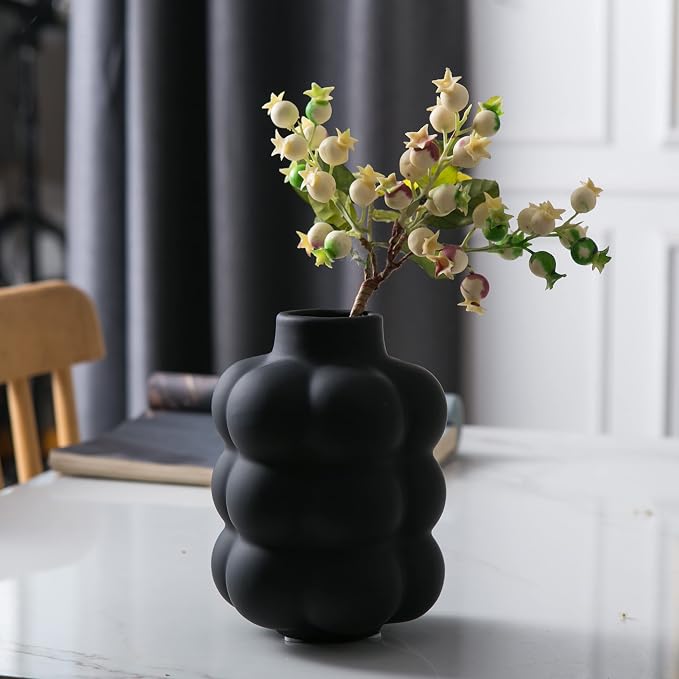 Mowtanco Black Ceramic Vase, Modern Small Vase for Centerpiece 6.7" Tall | Boho tabletop decor accent vase for dried flowers, centerpiece for living room bedroom shelf, minimalist home decor gift