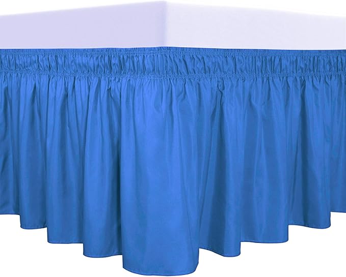 PureFit Wrap Around Ruffled Bed Skirt, Blue, Queen/King - 18" Drop | Wrinkle Free Bedskirt Dust Ruffles, Easy to Put On Frame Cover with Adjustable Elastic Belt