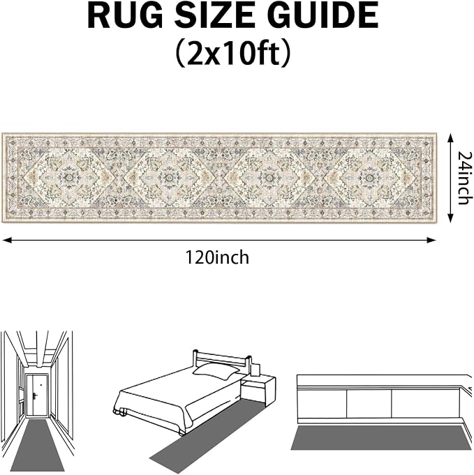 AooHHooA Boho Washable 2x10 Runner Rugs Beige Non Slip Low Pile Long Runner Rug, Stain Resistant Soft Faux Wool Runners for Hallway Laundry Entryway Bedroom