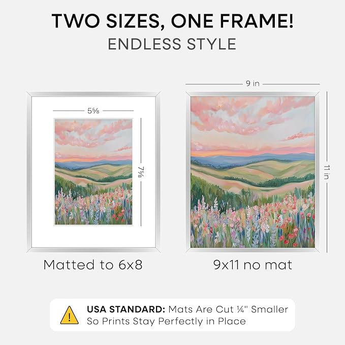 Homeforia 9x11 Silver Picture Frame, High-End Metal, 6x8 Mat, Glass