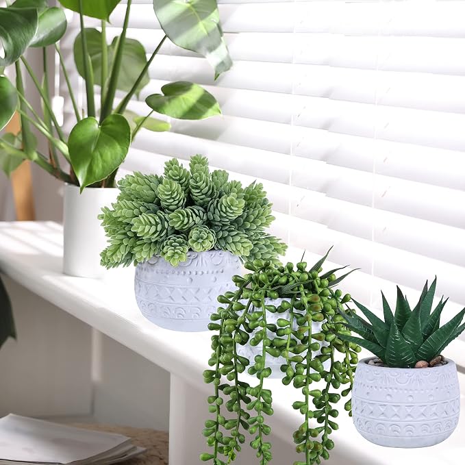 Winlyn 3 Pcs Assorted Small Potted Succulent Plants Artificial Aloe Hanging Succulent in White Geometric Concrete Ceramic Pots for Gift Party Wedding Favors Windowsill Table Shelf Indoor Outdoor Decor