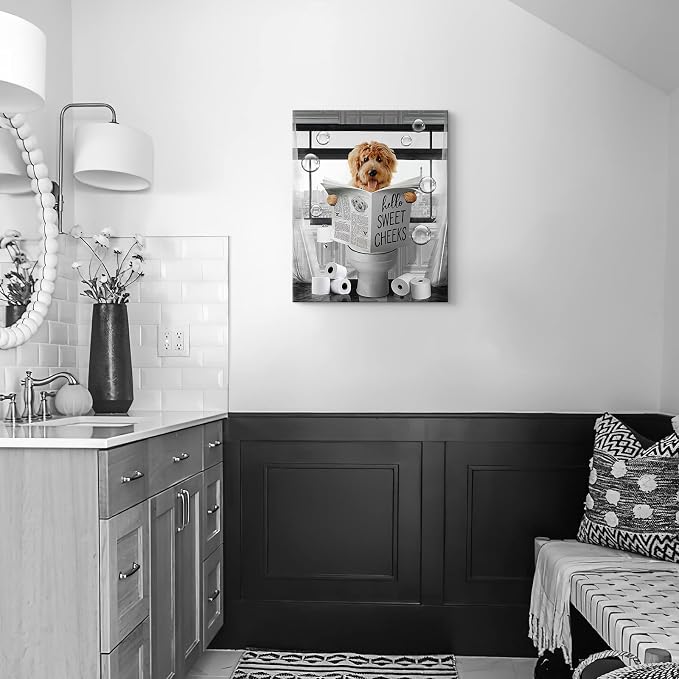 Parylore Funny Dog Wall Art Black and White Dog Bathroom Print Farmhouse Bathroom Animals Wall Decor Dog Sitting in Toilet Reading Newspaper Painting Framed Artwork for Toilet Bathroom 16x24 inch