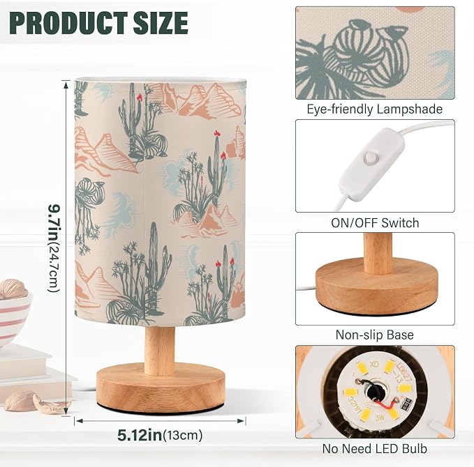 Bedside Table Lamp Western Desert Cactus Mountains Nightstand Lamp with Wood Desk Lamps for Bedroom Living Room Nursery Office Home Decor