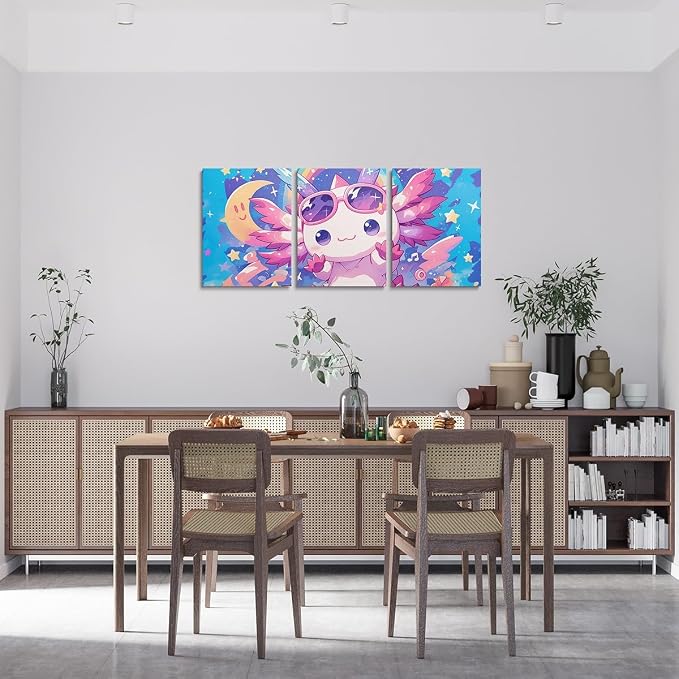 Feelyou Boys Girls Axolotl Wall Painting Posters and Prints Cute Axolotl Picture Wall Decor Salamander Canvas Wall Art for Bedroom Kids Ocean Animal Teens Wall Art Room Decor 12"x16"x 3Pcs