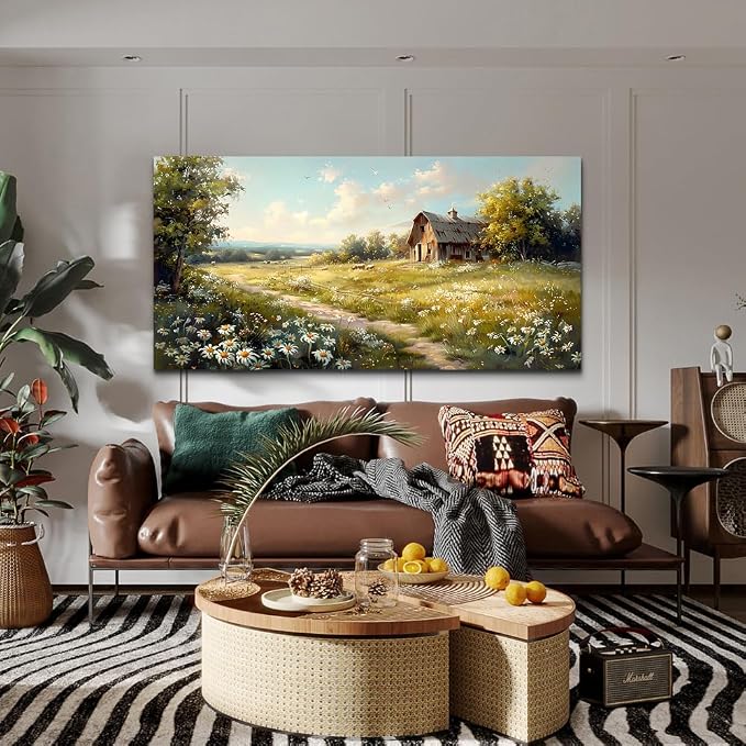 KELIYUAN Large Wall Art For Living Room Canvas Wall Decor For Bedroom Office Wall Decoration Vintage Country Field Landscape Painting Framed Pictures Artwork Room Mural Aesthetic Home Decor 30"x60"