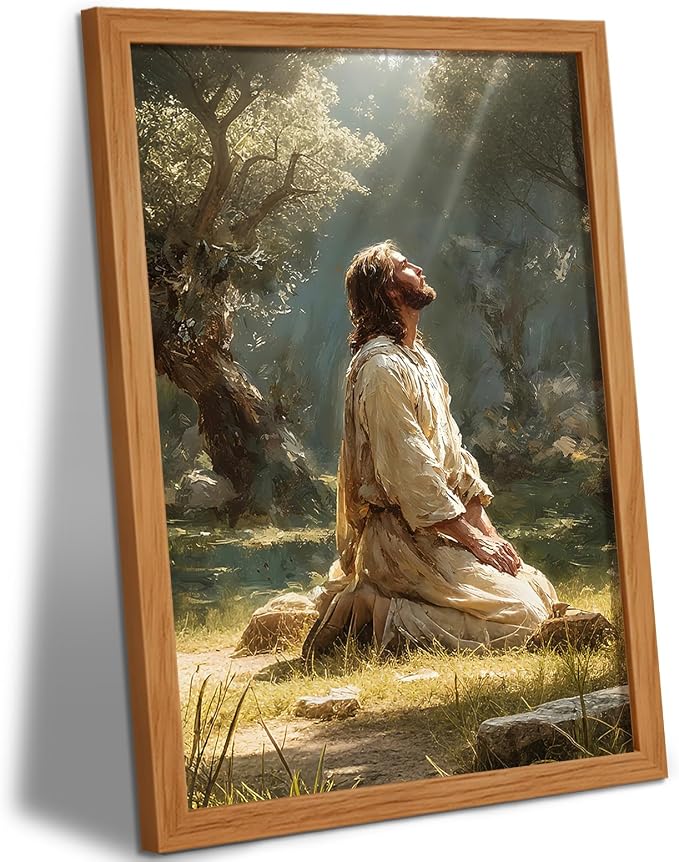 AUUAUU Jesus Praying in Gethsemane Wall Art, Wood Framed Religious Canvas Painting, Vintage Christian Wall Decor for Living Room Bedroom, 16x24 Inches Ready to Hang