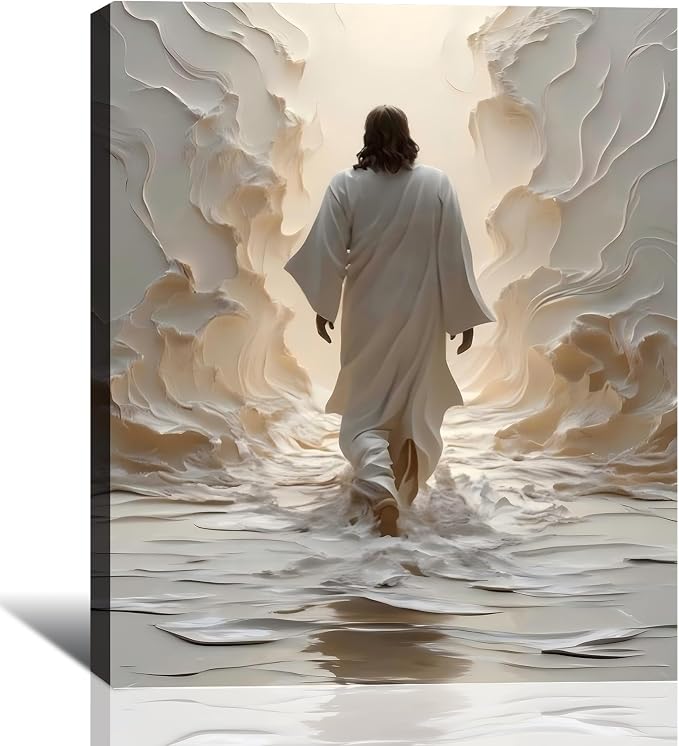 Large Jesus Walking on Water Canvas Wall Art, Christian Spiritual Picture Wall Decor, Modern Religious Posters Prints for Living Room Bedroom Church Holiday Decoration