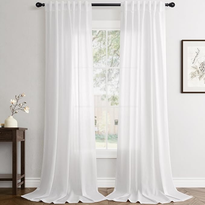 Jowels White Linen Curtains 95 Inch Long 2 Panels for Living Room | Light Filtering Semi Sheer Curtain, Back Tab Pocket Pleated Look, Boho Farmhouse Textured Privacy Drapes for Bedroom Window