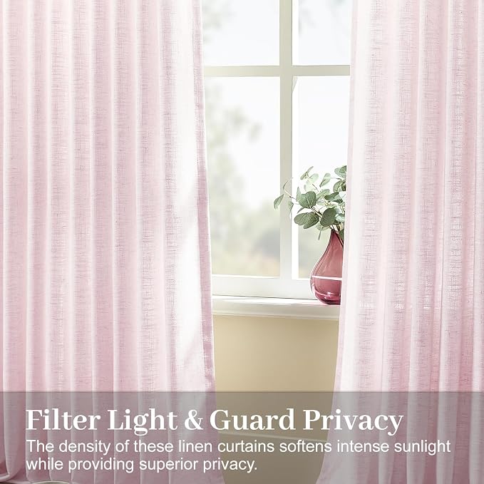 Pink Pinch Pleated 96 Inch Sheer Linen Blend Curtains for Living Room | Light Filtering, Bedroom, Girls Room, Pinch Pleat, Hook Rings, Non See Through, Memory Shape, W40xL96, 2 Panels, Light Pink