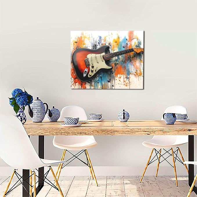Guitar Wall Art Guitar Wall Decor Music Pictures Graffti Musical Instruments Canvas Prints Painting Artwork Splash Decoration for Music Room Bedroom Living Room Framed Gifts 16"x20"