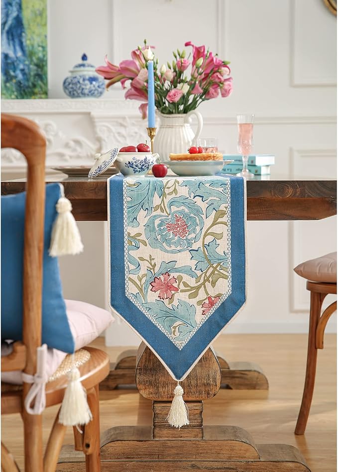 Patdrea Designer Vintage French Linen Table Runner,12"X118"-from | Tablerunner 118 Inches Long,Elegant Blue Floral Pattern,Thanksgiving Dining Table Decor for Living Room Banquet