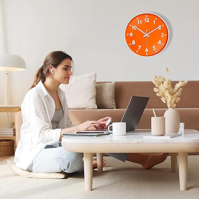 JENLYSTIME 12 Inch 3D Number Modern Indoor/Outdoor Wall Clock,Round Bright Colorful Dial,Non Ticking Silent Quartz Battery Operated, Easy to Read Simple Style Decor Clock for Bedroom,Kitchen(Orange)