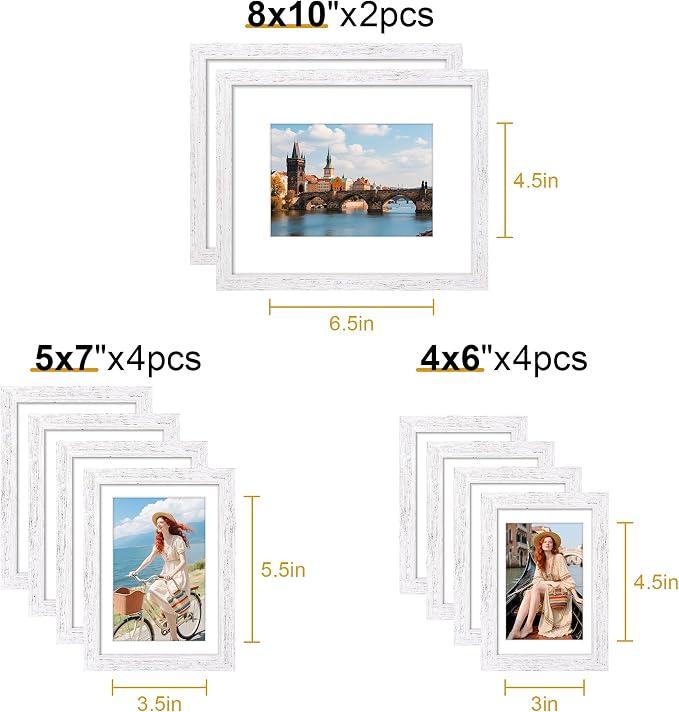 decorUhome 10 Pack Assorted Picture Frame Set for Wall & Tabletop, P0710DWT | Distressed White, Multi Size Picture Frame Includes Two 8x10 / Four 5x7 / Four 4x6 for Family Gallery Wall